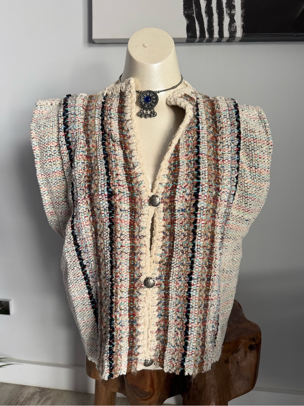 Nancy Lee Kaufman Hand Woven Cream  multi-color Knit Boho Vest Concho Buttons M